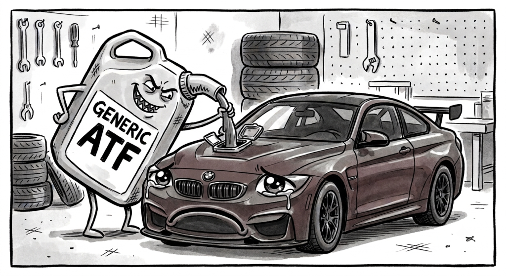 Monochrome cartoon of a sad BMW M4 GT4 Evo racecar rejecting a can of 'Generic ATF' poured by a fluid-can character, in an auto garage setting.