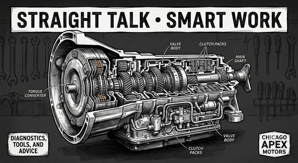 Automotive transmission cutaway illustration with mechanical labels for Straight Talk by Chicago Apex Motors